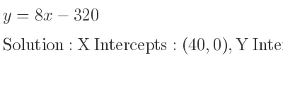 The y=8x-320 is X Intercepts: (40,0),Y Intercepts: (0,-320)